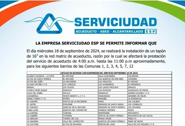 Atencion Dosquebradas: este miércoles 18 de septiembre el 80 % de los barrios tendrán suspensión temporal del Servicio de Acueducto