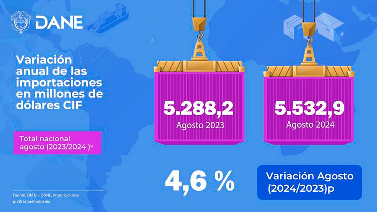 Importaciones crecieron 4,6% en agosto de 2024, jalonadas por el grupo de Manufacturas que creció 8,6%, reveló el Dane