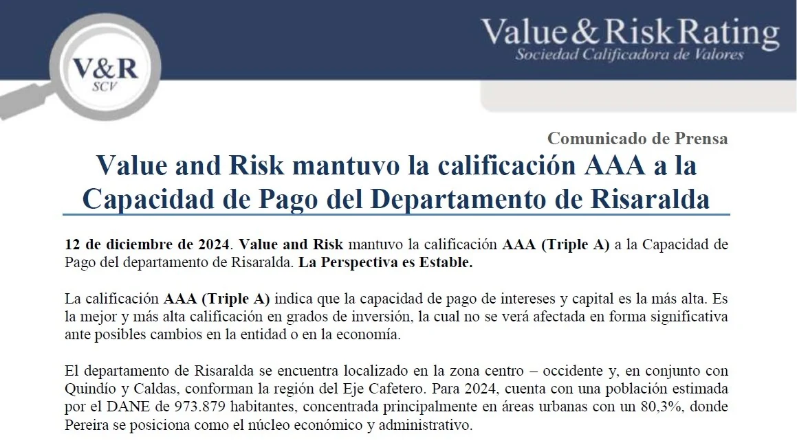En 2024, Risaralda recibió calificación ‘triple A’ de Value and Risk por su desempeño fiscal