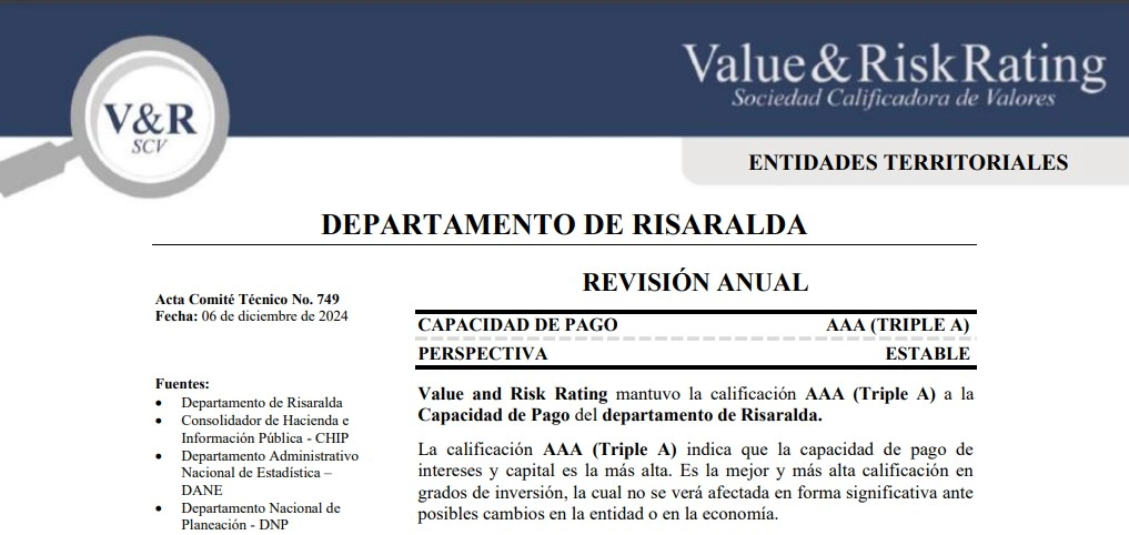 Risaralda fue ratificada por la calificadora de riesgos con la calificación Triple AAA