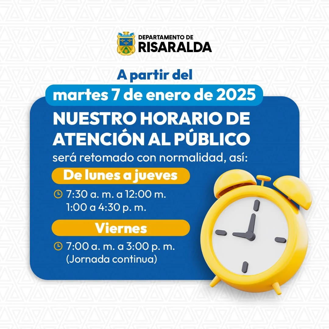 Gobernación de Risaralda retomará su horario habitual de atención al público desde el martes 7 de enero