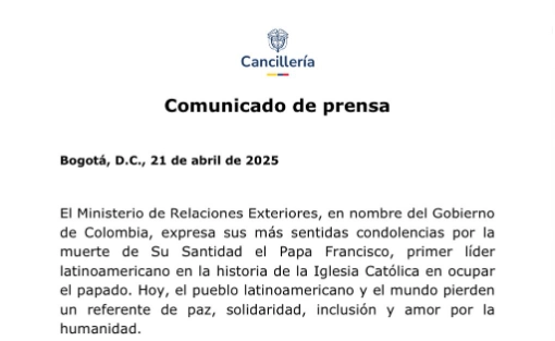 Comunicado Oficial por parte de la Cancillería, en relación con la muerte de Su Santidad el Papa Francisco