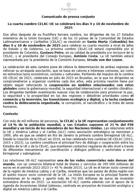 La cuarta cumbre CELAC-UE se celebrará los días 9 y 10 de noviembre de 2025