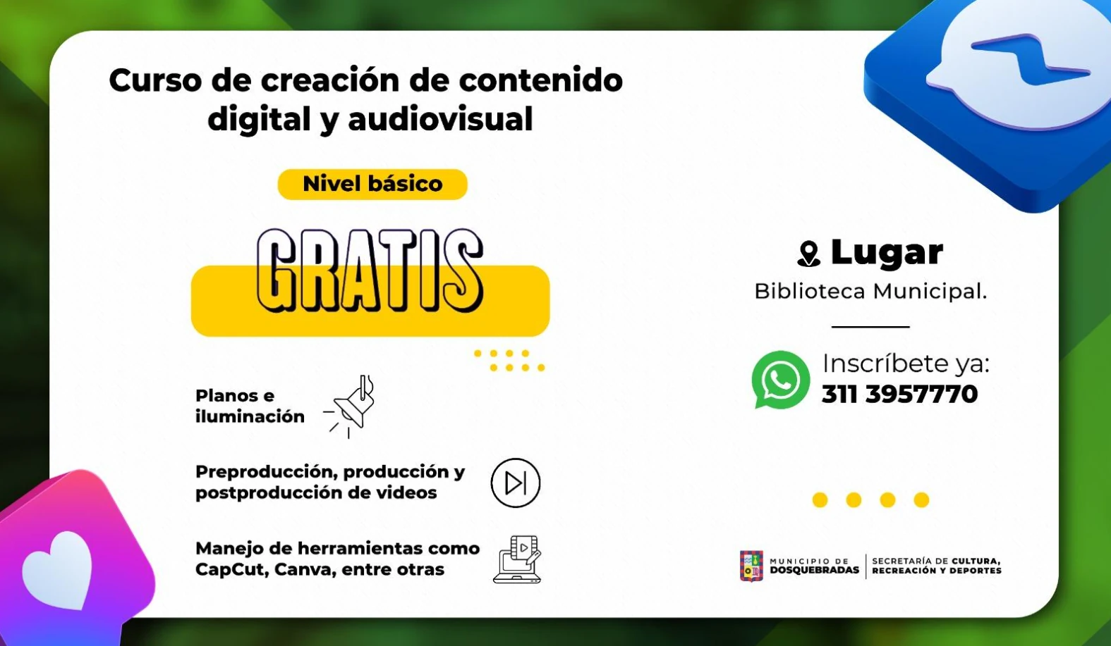 Dosquebradas abre convocatoria para la segunda versión del curso gratuito de Creación de contenido digital y audiovisual