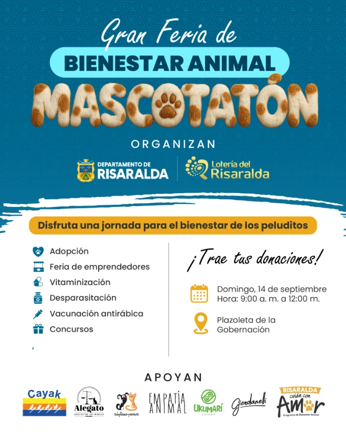 Gobernación y Lotería del Risaralda invitan a la gran feria de bienestar animal ‘Mascotatón’