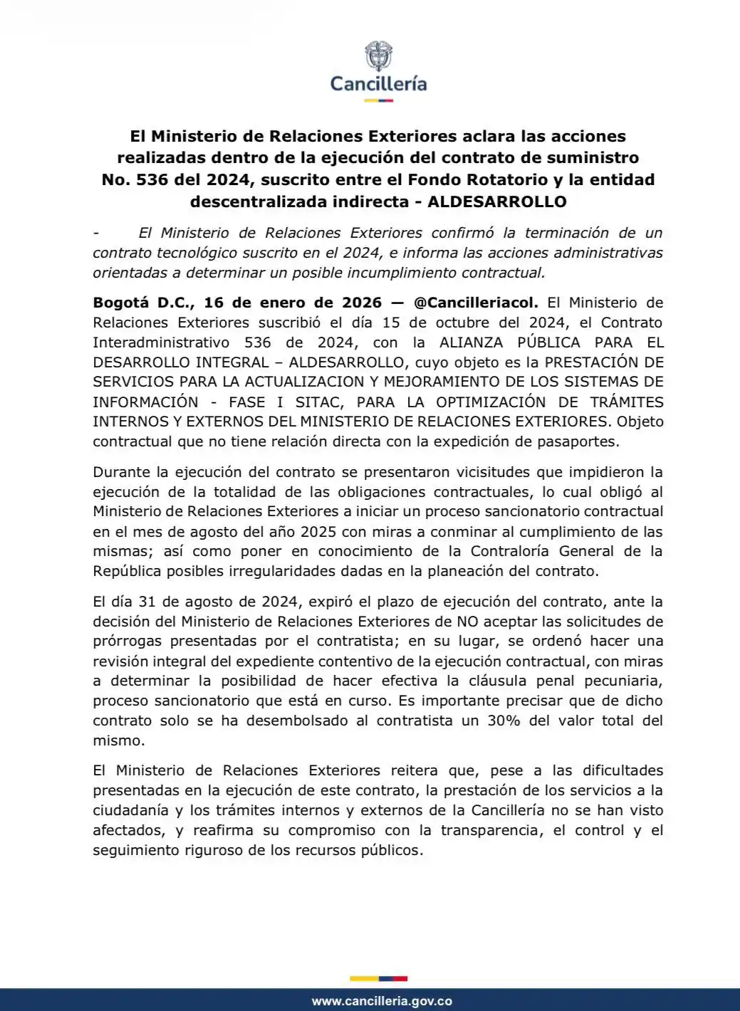 El Ministerio de Relaciones Exteriores aclara las acciones realizadas dentro de la ejecución del contrato de suministro No. 536 del 2024, suscrito entre el Fondo Rotatorio y la entidad descentralizada indirecta – ALDESARROLLO
