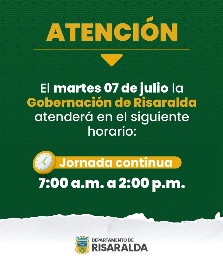 Este martes 7 de julio la Gobernación de Risaralda tendrá jornada continua