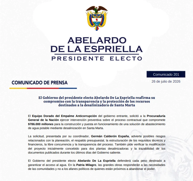 El Gobierno del presidente electo Abelardo De La Espriella reafirma su compromiso con la transparencia y la protección de los recursos destinados a la desalinizadora de Santa Marta