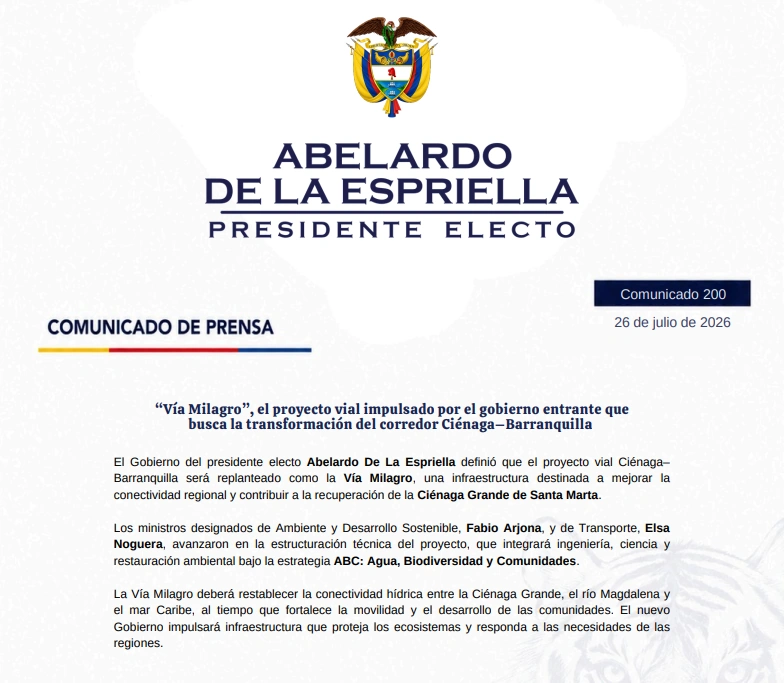 “Vía Milagro”, el proyecto vial impulsado por el gobierno entrante que busca la transformación del corredor Ciénaga–Barranquilla
