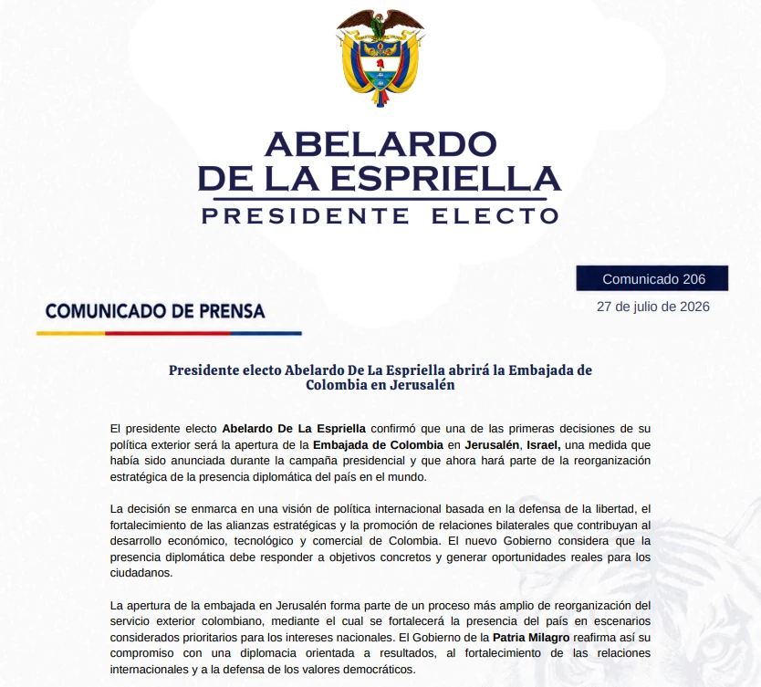 Presidente electo Abelardo De La Espriella abrirá la Embajada de Colombia en Jerusalén