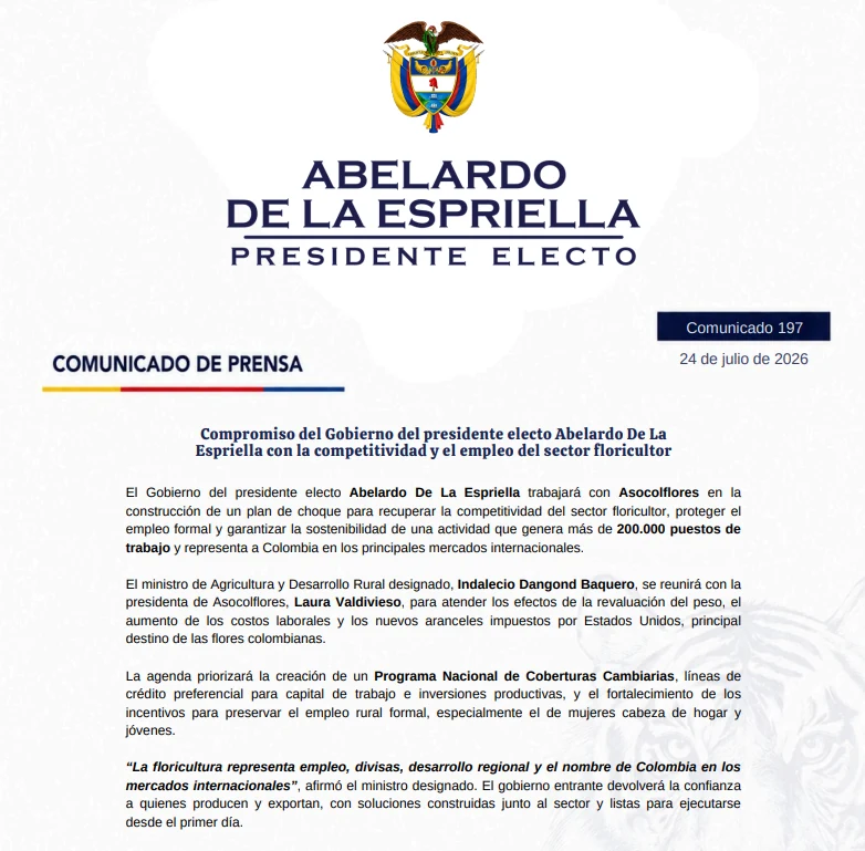 Compromiso del Gobierno del presidente electo Abelardo De La Espriella con la competitividad y el empleo del sector floricultor