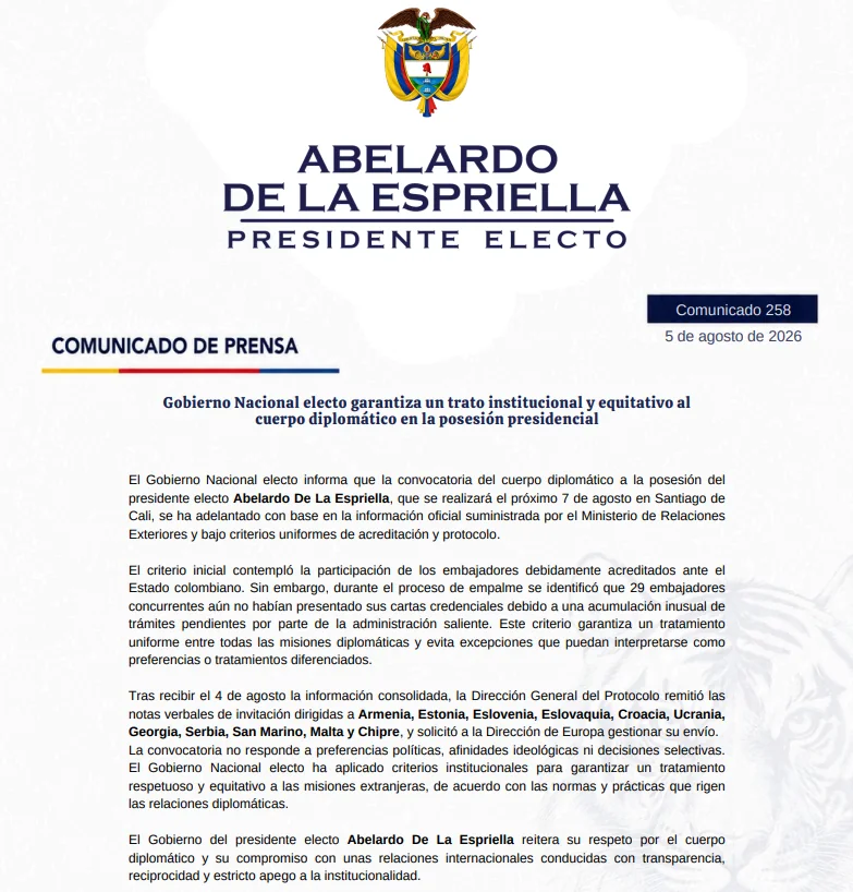 Gobierno Nacional electo garantiza un trato institucional y equitativo al cuerpo diplomático en la posesión presidencial