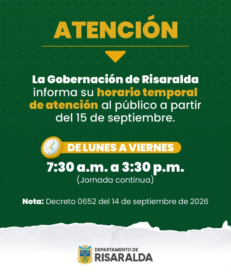 Gobernación de Risaralda establece horario temporal de atención al público