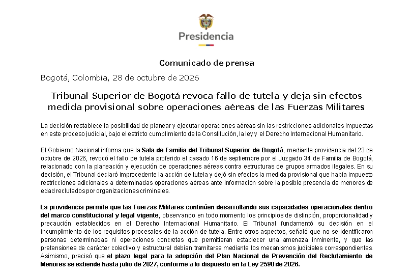 Tribunal Superior de Bogotá revoca fallo de tutela y deja sin efectos medida provisional sobre operaciones aéreas de las Fuerzas Militares