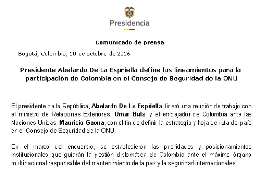 Presidente Abelardo De La Espriella define los lineamientos para la participación de Colombia en el Consejo de Seguridad de la ONU